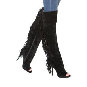 ShoeDazzle Viva Fringe Thigh High Boots Size 7 w/ Peep Toe
